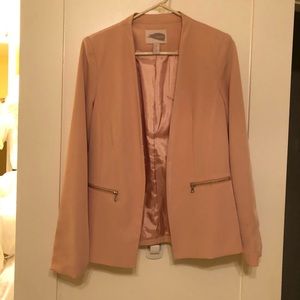 Blush pink open-front blazer with zipper pockets